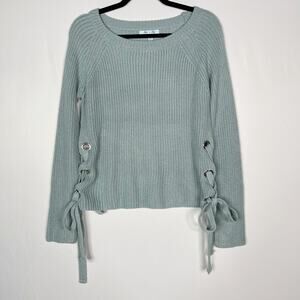 She + Sky Small S Teal Green Side Tie Lace Up Pullover Sweater Scoop Neck Cozy